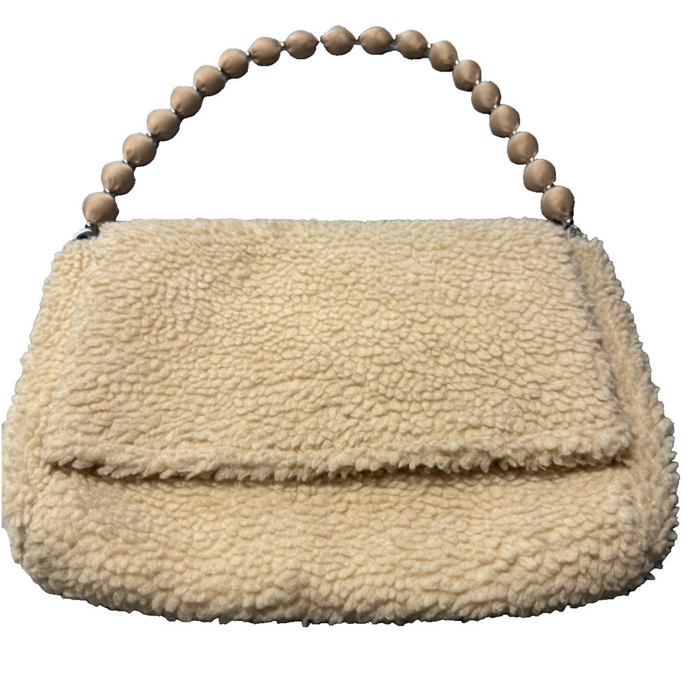 Samantha Pleet Sherpa Fleece Beaded Handle Shoulder Bag Cream Cozy Winter Clutch